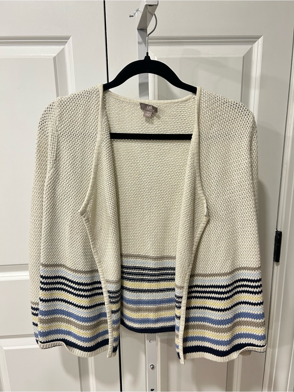 J. Jill Cream Open-Front Cardigan with Navy and Light Blue Stripes